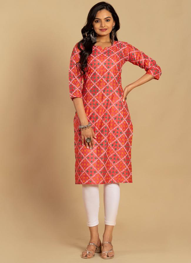 Viscose Red Daily Wear Foil Work Readymade Kurti With Leggings